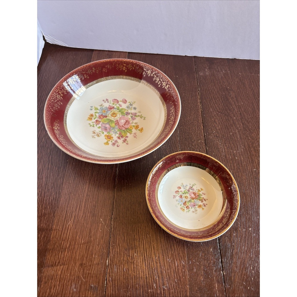 2 Vintage Aristocrat Maroon by Salem‎ China Co 23 Karat Gold 9" And 5.25" Bowls